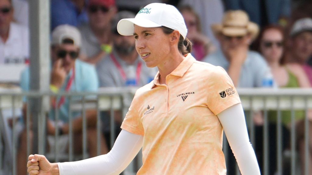 Carlota Ciganda fist pumps after securing her win at the Meijer LPGA Classic, her first LPGA Tour title in over 8 years.