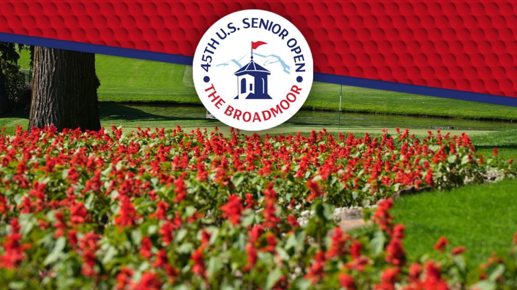 Logo for the 45th U.S. Senior Open at The Broadmoor Golf Club, with a backdrop of red flowers and a green golf course