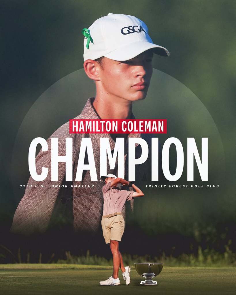 Hamilton Coleman celebrates his victory at the 77th U.S. Junior Amateur Championship at Trinity Forest Golf Club, wearing a GSGA hat and holding a confident pose overlaid with the word "Champion."