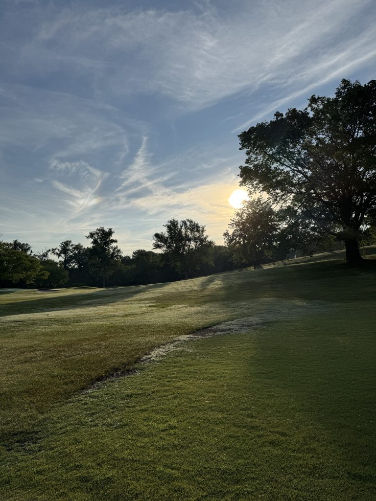 A tranquil morning scene on a golf course with dew-kissed green fairways. The sun is low on the horizon, casting a warm glow through distant trees and creating a subtle halo effect. A large, dark tree stands prominently on the right, silhouetted against the bright sky.