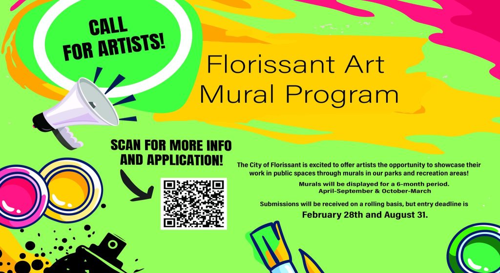 Colorful flyer promoting the Florissant Art Mural Program with submission deadlines and QR code for application