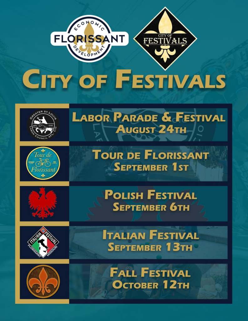 Promotional flyer listing 2025 Florissant events including Labor Parade, Tour de Florissant, Polish Festival, Italian Festival, and Fall Festival