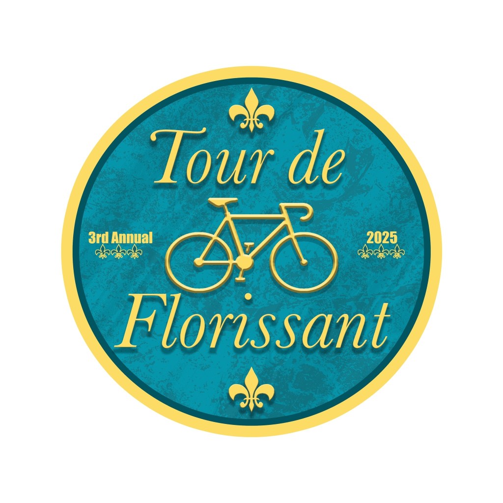 Official Tour de Florissant 2025 logo with bicycle graphic and fleur-de-lis design