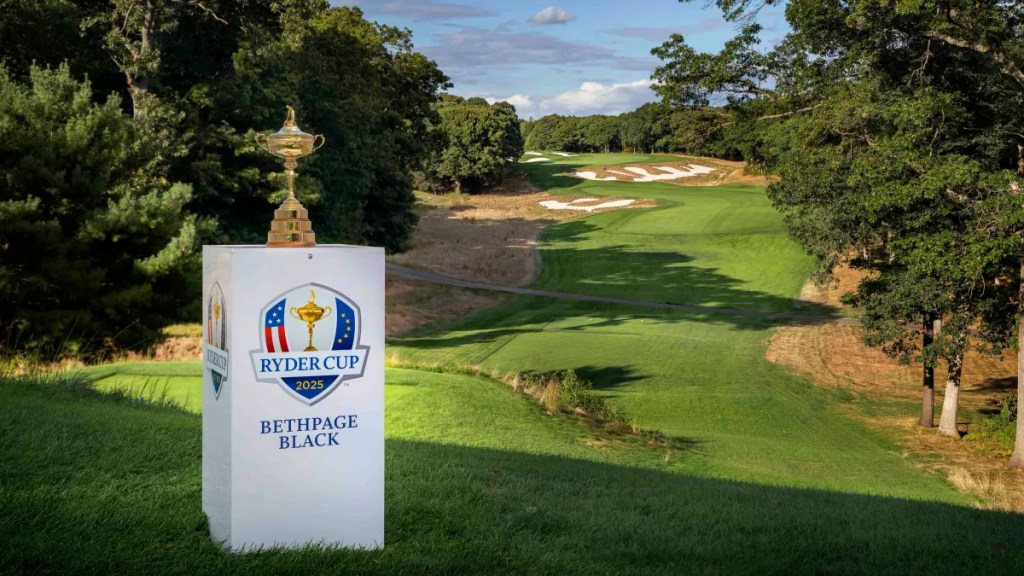 Ryder Cup 2025 trophy on display at Bethpage Black golf course in New York