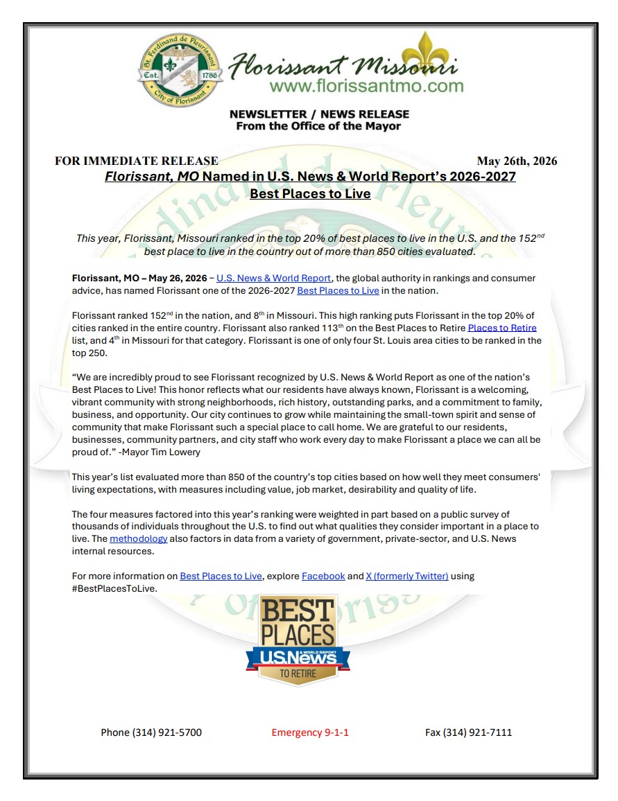 Florissant Named One of the 2026-2027 Best Places to Live